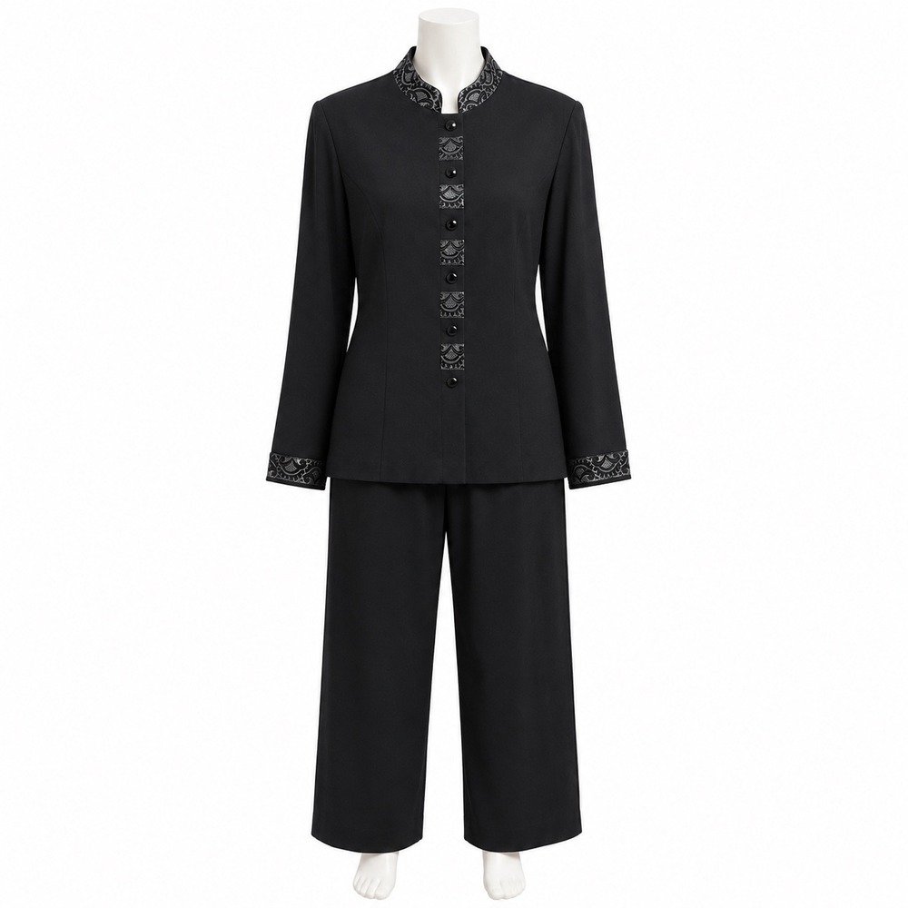 Jessica Howard Pant Suit Women 10 Black Mandarin Collar Embroidered 2 Piece Set